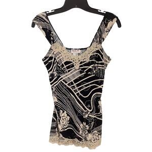 VTG Black Beige Lace Trim Babydoll Tank Top M Y2K Fairy Grunge Bratz USA Glitter